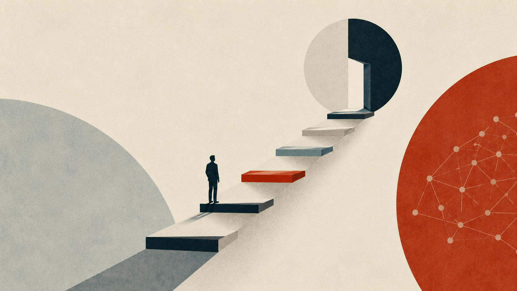 Abstract illustration showing the relationship between human and AI expertise development, professional apprenticeship and artificial intelligence, with symbolic figures, bridges and geometric human profiles representing the future of learning and judgement.